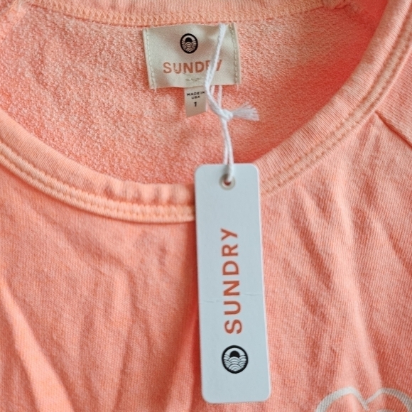 New Sundry Double Heart Crewneck Neon Orange Pullover Sweatshirt NWT 1/Small - Picture 5 of 8